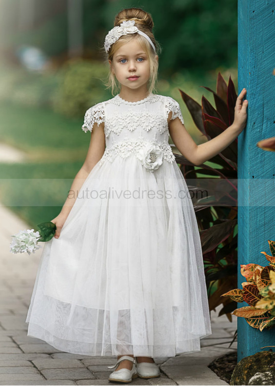 Cap Sleeves Ivory Lace Tulle Keyhole Back Flower Girl Dress Cap Sleeves Ivory Lace Tulle Keyhole Back Flower Girl Dress